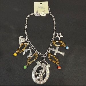 Da Vinci Necklace Earrings Set Silvertone Western Cowgirl Horseshoe Statement
